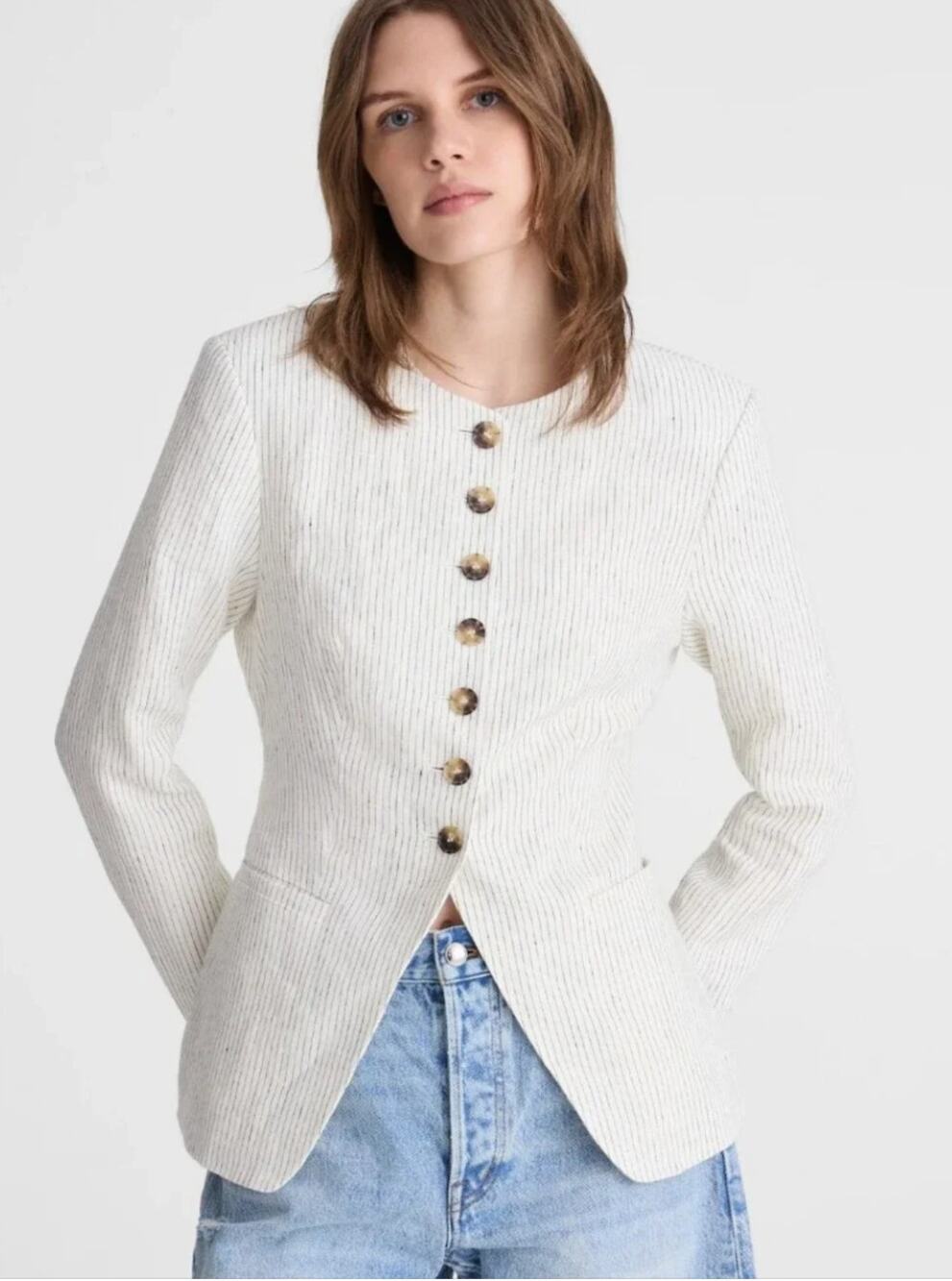 Madewell Nolita Cutaway Blazer 4 NWT Linen Stripe NZ518 Blue White Jacket Button